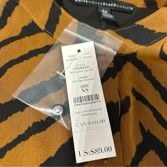 New NWT White House Black Market 3Q Popover Brown Tiger Blouse Size XS Career - Picture 8 of 8